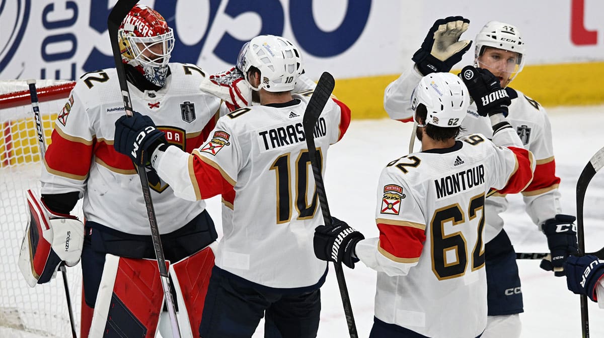 Florida Panthers right wing Vladimir Tarasenko (10) celebrates with Florida Panthers goaltender Sergei Bobrovsky (72) after defatting Edmonton Oilers in game three of the 2024 Stanley Cup Final at Rogers Place.