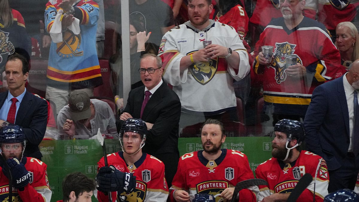 Florida Panthers head coach Paul Maurice reacts during the third period against the Edmonton Oilers in game five of the 2024 Stanley Cup Final at Amerant Bank Arena.