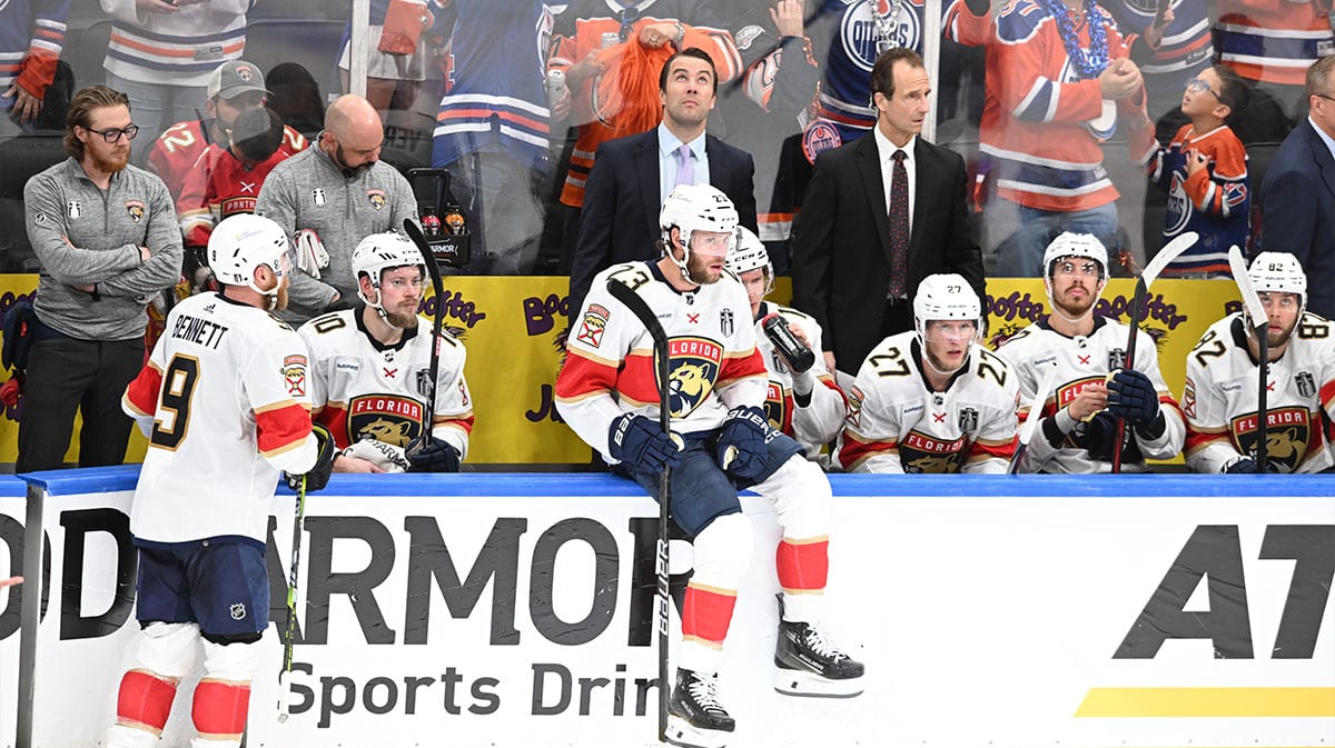 Florida Panthers players and coaches react in the third period against the Edmonton Oilers in game six of the 2024 Stanley Cup Final at Rogers Place.