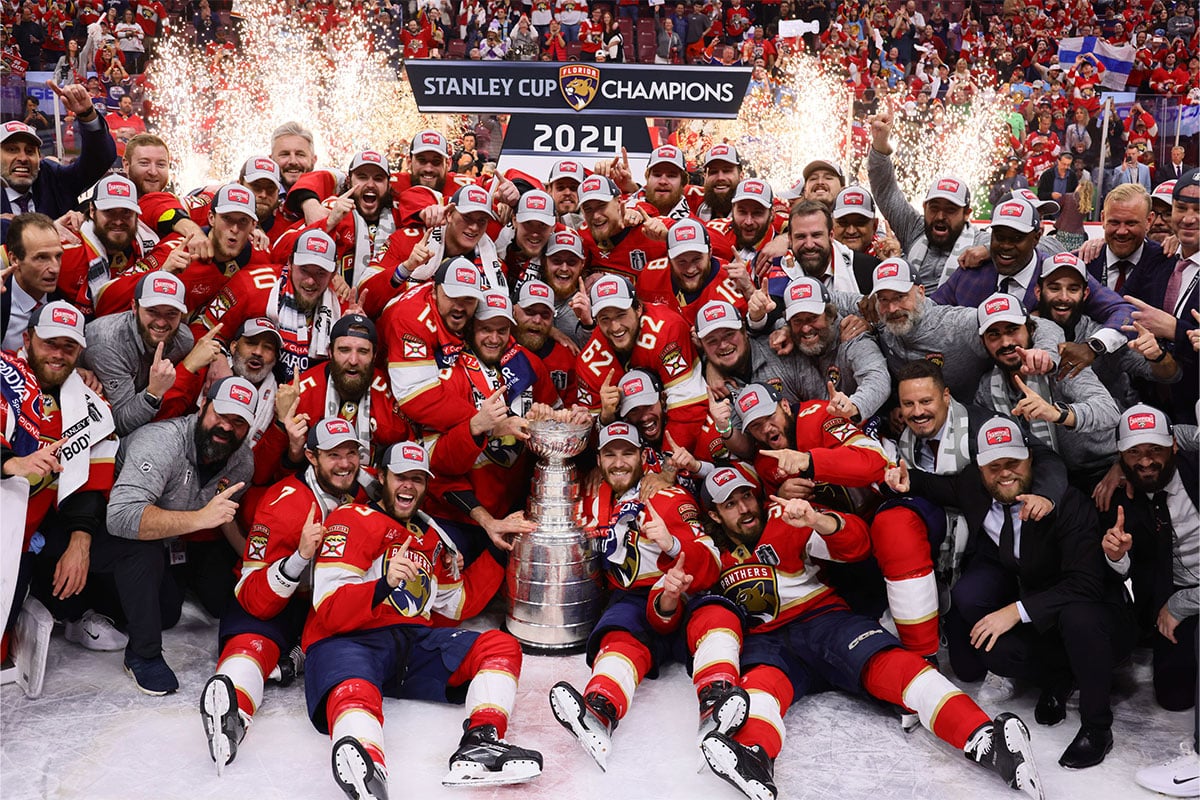 The Florida Panthers celebrate wininng the Stanley Cup against the Edmonton Oilers in game seven of the 2024 Stanley Cup Final at Amerant Bank Arena.