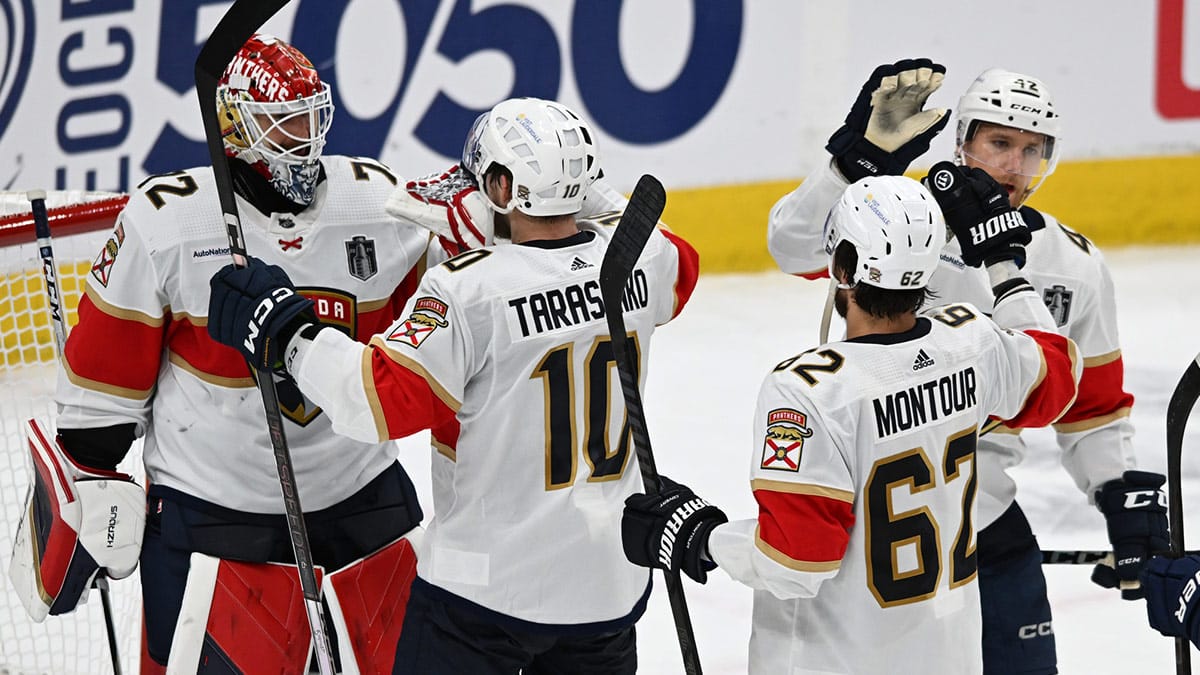 Florida Panthers right wing Vladimir Tarasenko (10) celebrates with Florida Panthers goaltender Sergei Bobrovsky (72) after defatting Edmonton Oilers in game three of the 2024 Stanley Cup Final at Rogers Place.