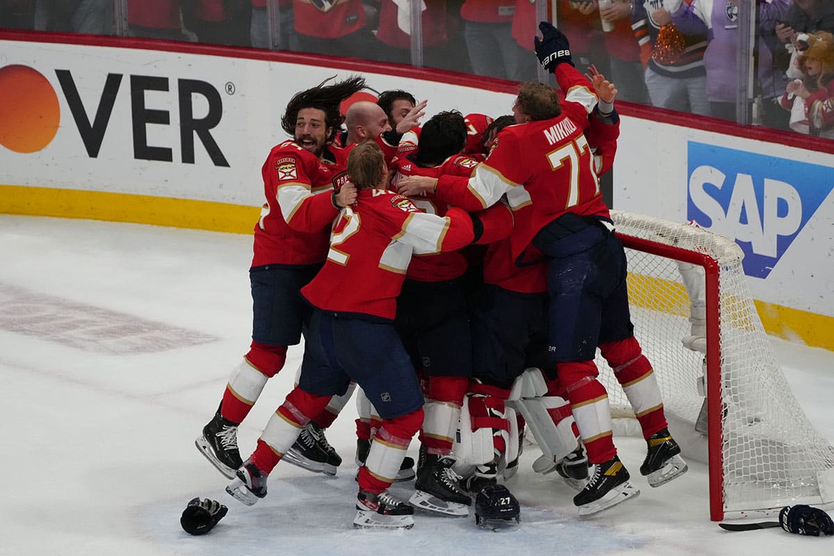 Florida Panthers celebrate winning against the Edmonton Oilers in game seven of the 2024 Stanley Cup Final at Amerant Bank Arena.