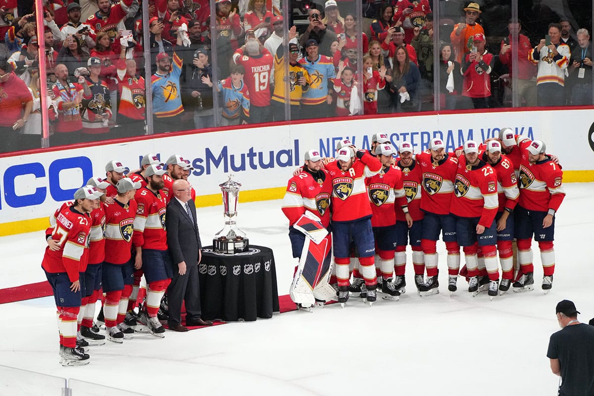 The Florida Panthers celebrate winning the Prince of Wales trophy following their close-out victory against the New York Rangers in game six of the Eastern Conference Final of the 2024 Stanley Cup Playoffs at Amerant Bank Arena.