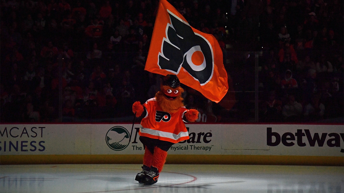 Philadelphia Flyers mascot Gritty on the ice against the Colorado Avalanche at Wells Fargo Center.