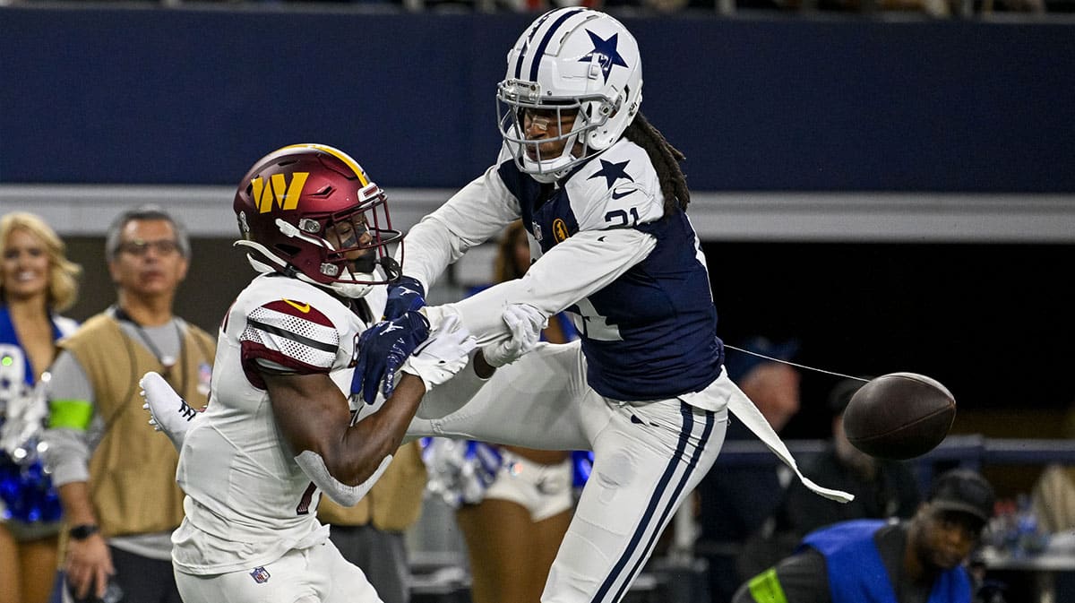 Dallas Cowboys cornerback Stephon Gilmore (21) and Washington Commanders wide receiver Terry McLaurin (17) in action during the game between the Dallas Cowboys and the Washington Commanders at AT&T Stadium. 