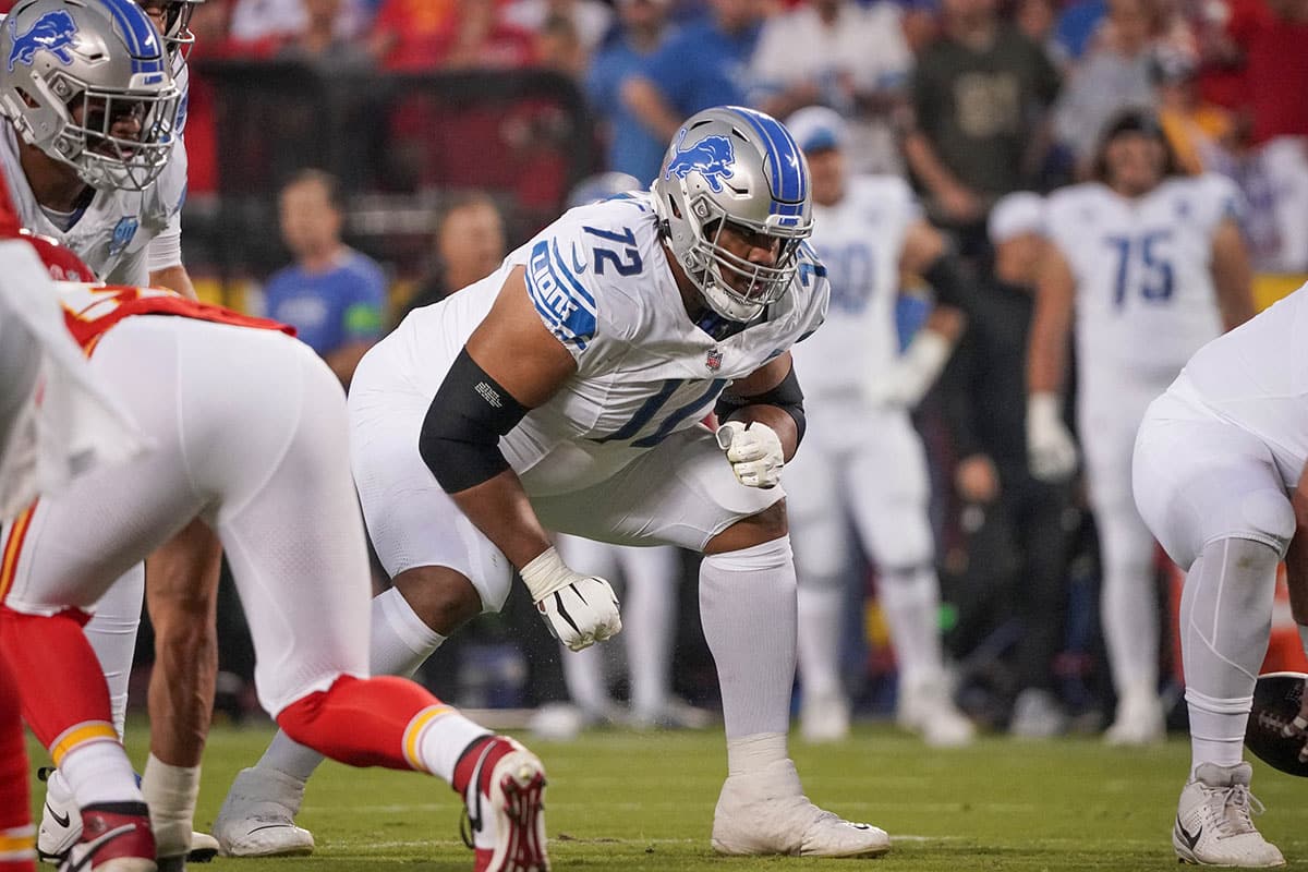 Detroit Lions guard Halapoulivaati Vaitai (72) on the line of scrimmage against the Kansas City Chiefs during the game at GEHA Field at Arrowhead Stadium.