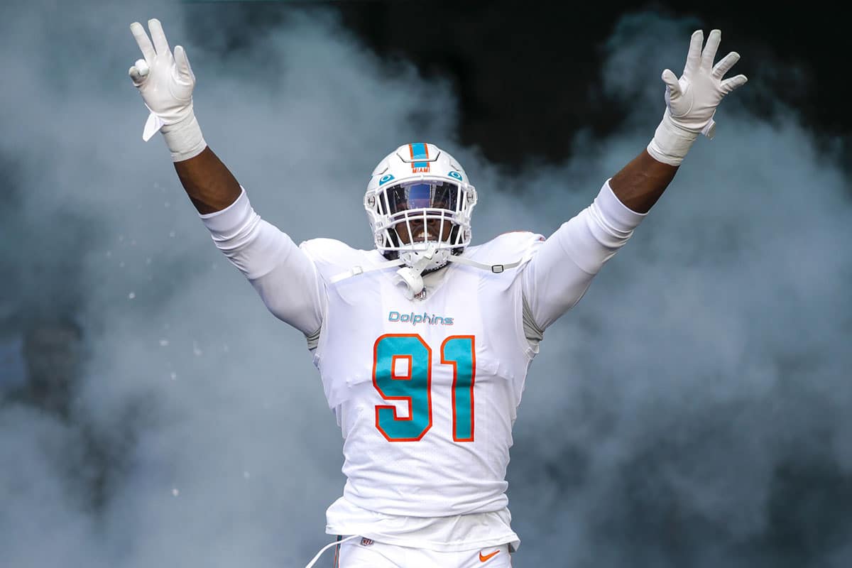 Miami Dolphins defensive end Emmanuel Ogbah (91) takes the field prior to the game against the Cleveland Browns at Hard Rock Stadium. 