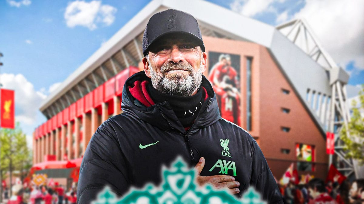 Jurgen Klopp in front of the Anfield stadium