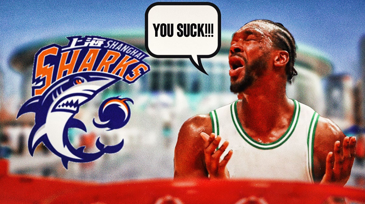 Noah Vonleh frowns and tells Shanghai Sharks logo "you suck!!!"