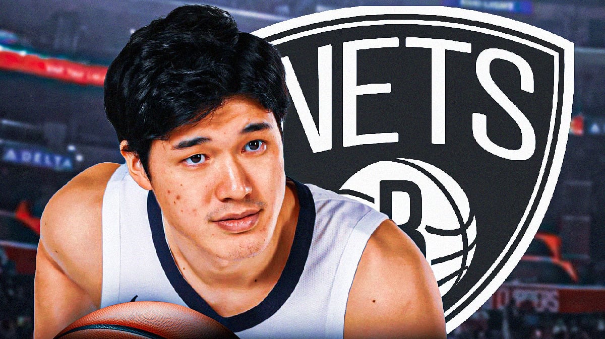 Yuta Watanabe in image looking stern, Brooklyn Nets logo, basketball court in background
