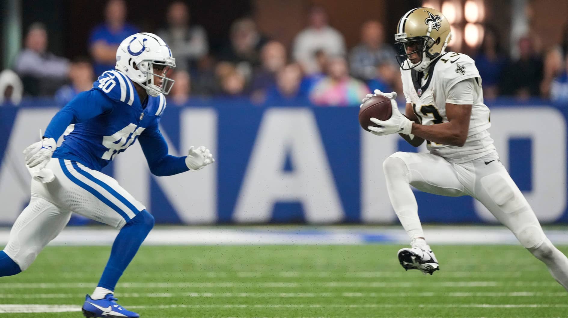 Indianapolis Colts cornerback Jaylon Jones (40) closes on New Orleans Saints wide receiver Michael Thomas (13), Sunday., Oct 29, 2023, at Lucas Oil Stadium in Indianapolis.