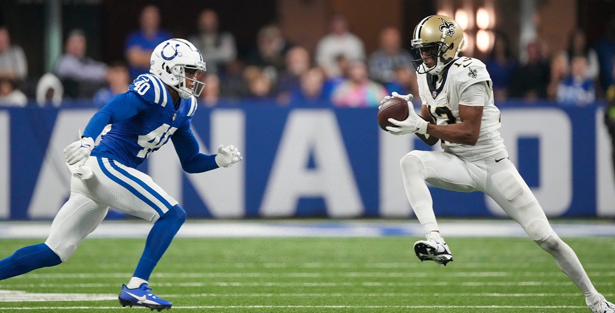 Indianapolis Colts cornerback Jaylon Jones (40) closes on New Orleans Saints wide receiver Michael Thomas (13) at Lucas Oil Stadium in Indianapolis.
