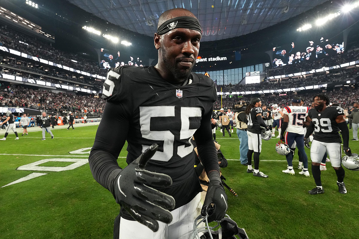 Las Vegas Raiders defensive end Chandler Jones (55) celebrates after the game against the New England Patriots at Allegiant Stadium. The Raiders defeated the Patriots 30-24.