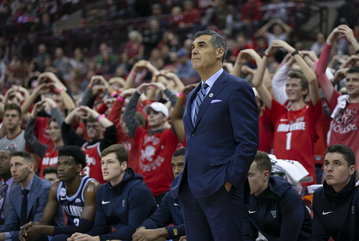 Villanova Wildcats head coach Jay Wright watches as an Ohio State Buckeyes players shoots free throws during the first half of the NCAA men's basketball game at Value City Arena in Columbus on Wednesday, Nov. 13, 2019.