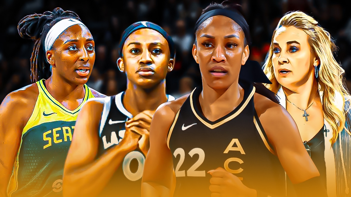 Las Vegas Aces coach Becky Hammon and A’ja Wilson, Jackie Young and Storm’s Nneka Ogwumike