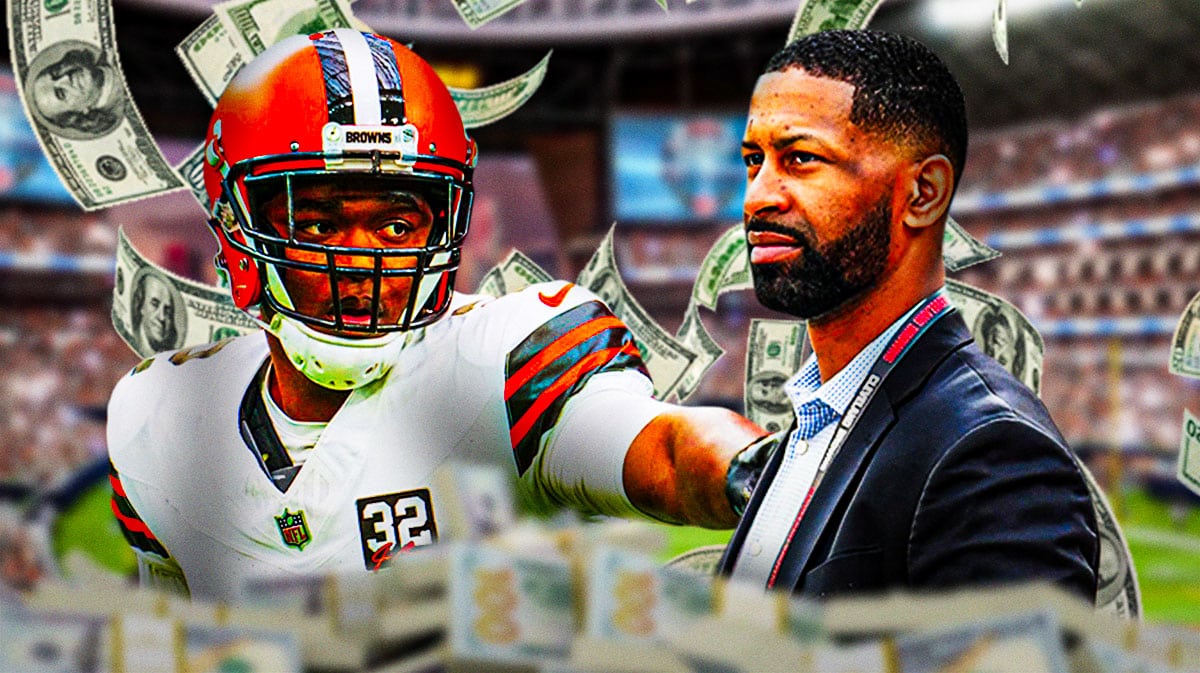 Browns GM Andrew Berry next to Amari Cooper with money all around