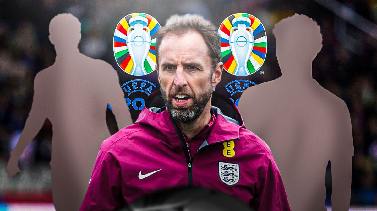 Gareth Southgate in the middle, the silhouettes of Curtis Jones and Jarell Quansah on the sides, the Euro 2024 logo at the back