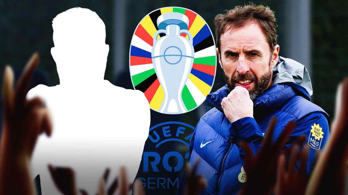 Gareth Southgate next to the silhouette of James Maddison, the Euro 2024 logo behind them