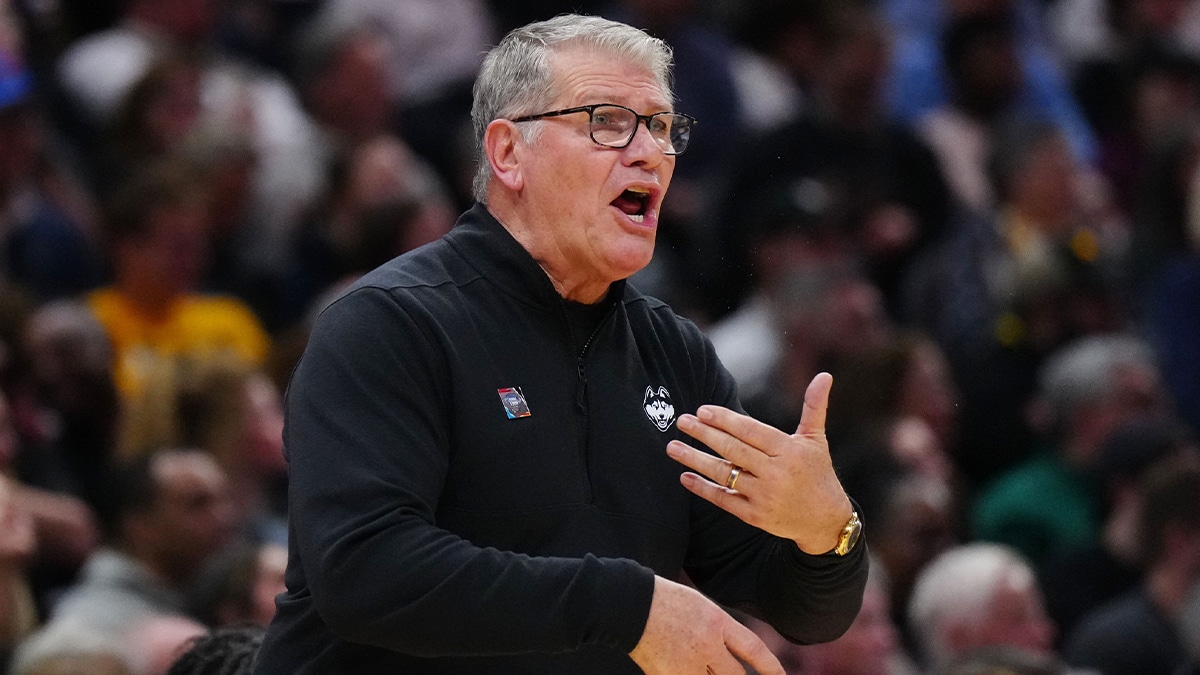 Connecticut Huskies head coach Geno Auriemma reacts in the first quarter against the Iowa Hawkeyes in the semifinals of the Final Four of the womens 2024 NCAA Tournament at Rocket Mortgage FieldHouse.