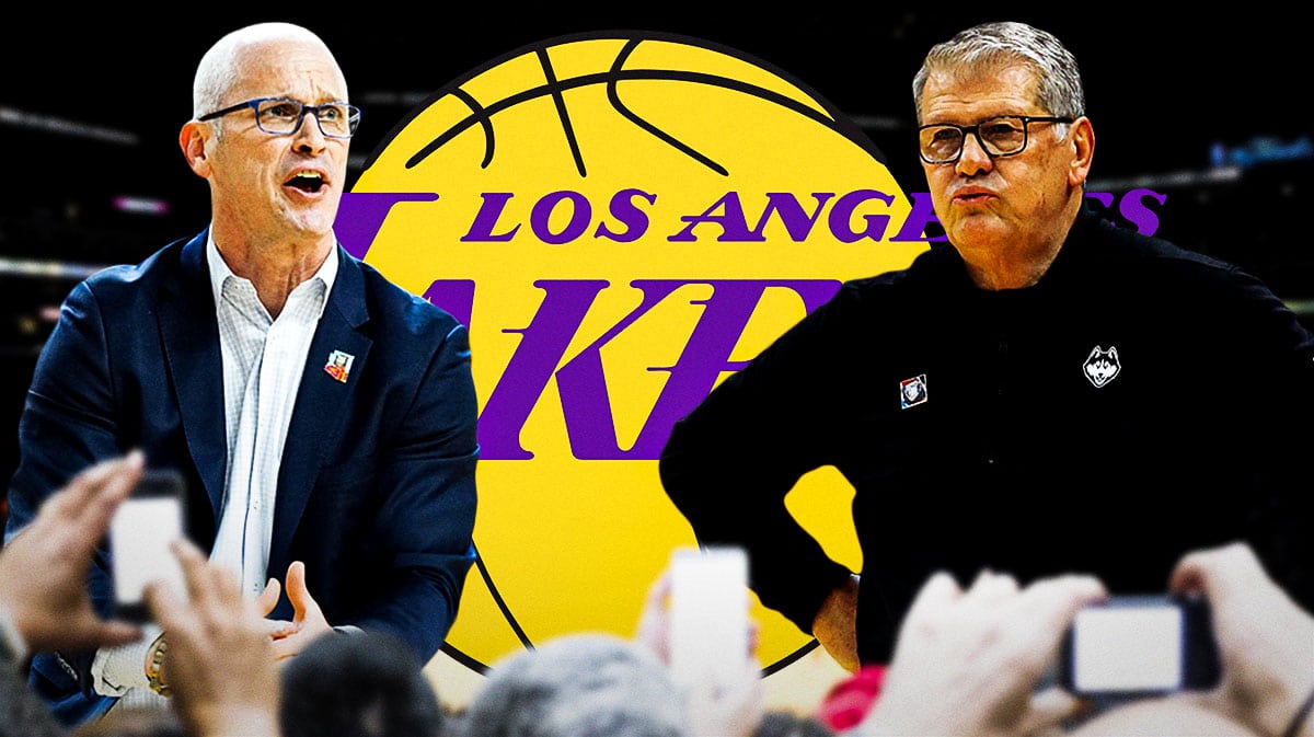 UConn women's basketball coach Geno Auriemma stands next to Dan Hurley, Lakers logo in background