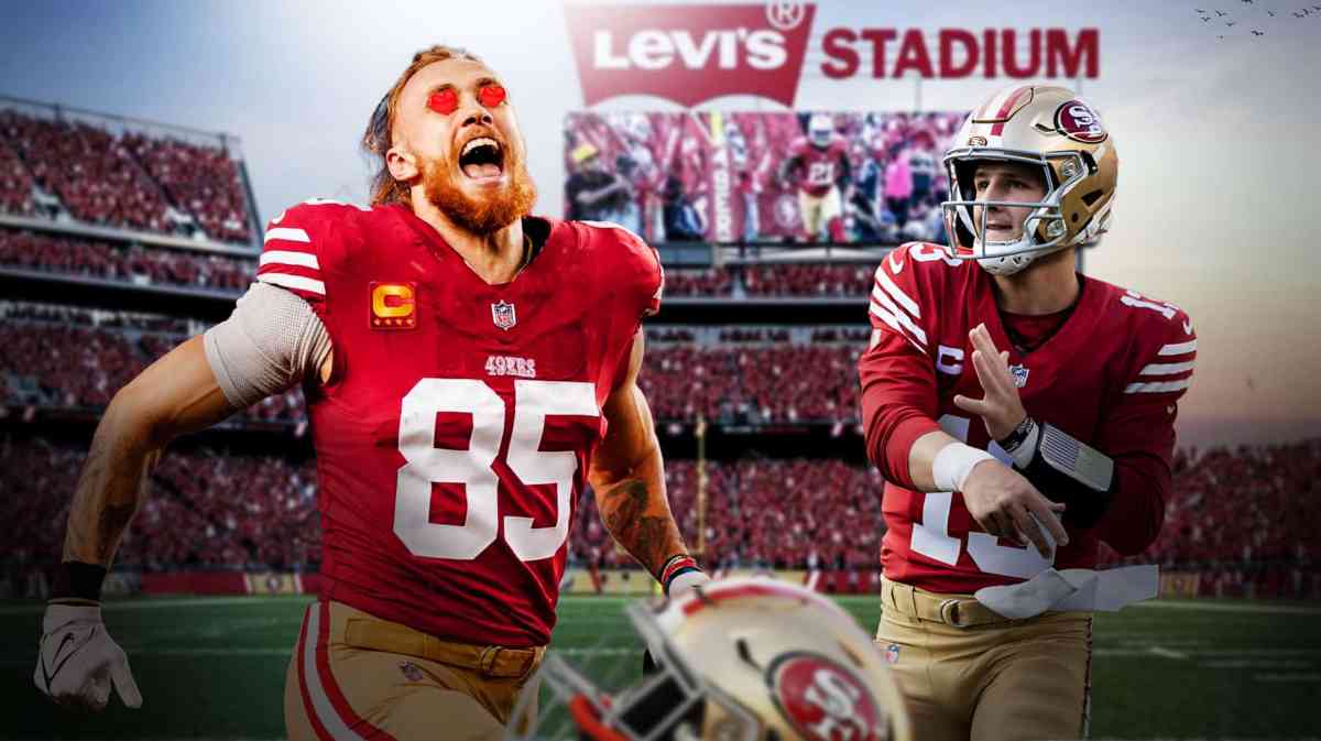 George Kittle with heart eyes looking at Brock Purdy.