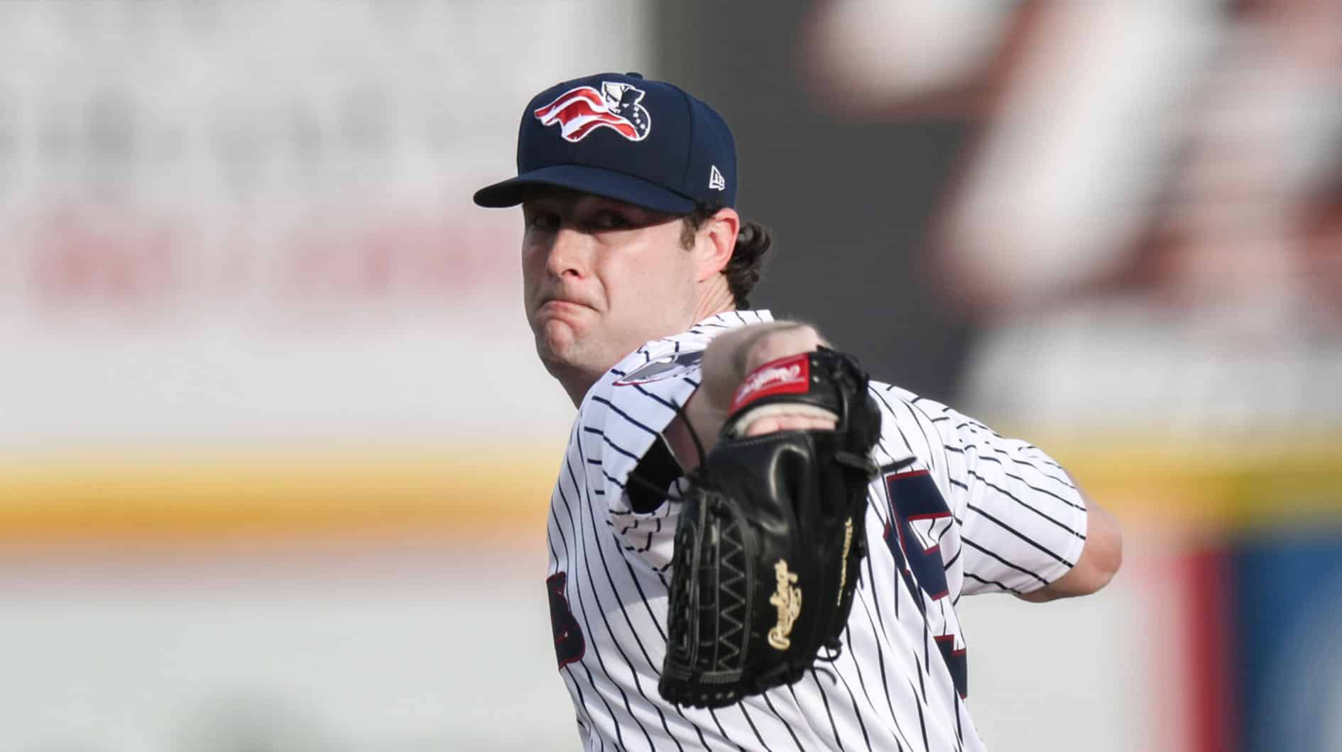  New York Yankees pitcher Gerrit Cole pitches during a MLB rehab assignment with the Somerset Patriots against the Hartford Yard Goats at TD Bank Ballpark. 