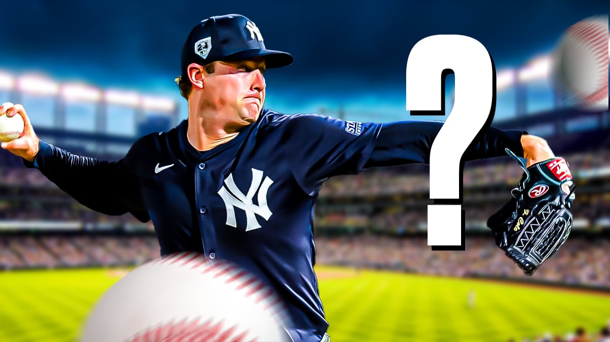 Yankees Gerrit Cole pitching a baseball on left. One question mark on right.