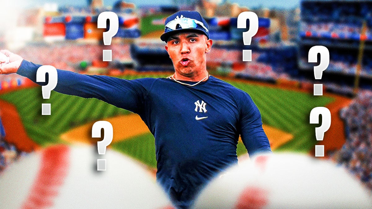 Yankees infielder Oswald Peraza, with question marks around him.