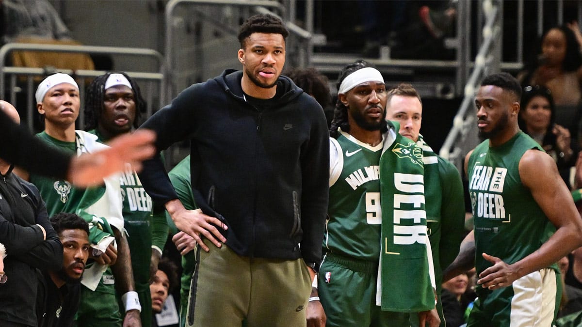 Milwaukee Bucks forward Giannis Antetokounmpo (34) watches from the bench in the fourth quarter against the Indiana Pacers during game one of the first round for the 2024 NBA playoffs at Fiserv Forum.