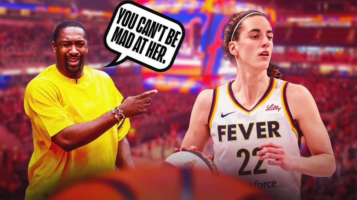 Gilbert Arenas and Caitlin Clark side by side. Gilbert Arenas speech bubble: "You can't be mad at her."