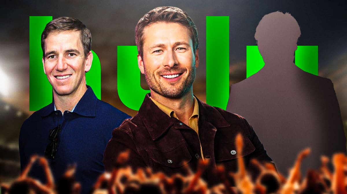 Chad Powers series star Glen Powell with Eli Manning, Hulu logo, and silhouette of The White Lotus star Steve Zahn.