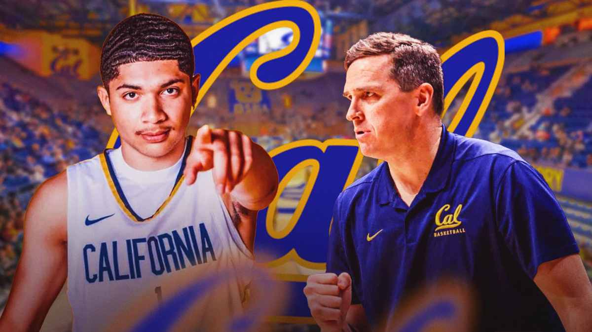 Jovani Ruff in a Cal jersey alongside a current image of Mark Madsen with the Cal logo in the background