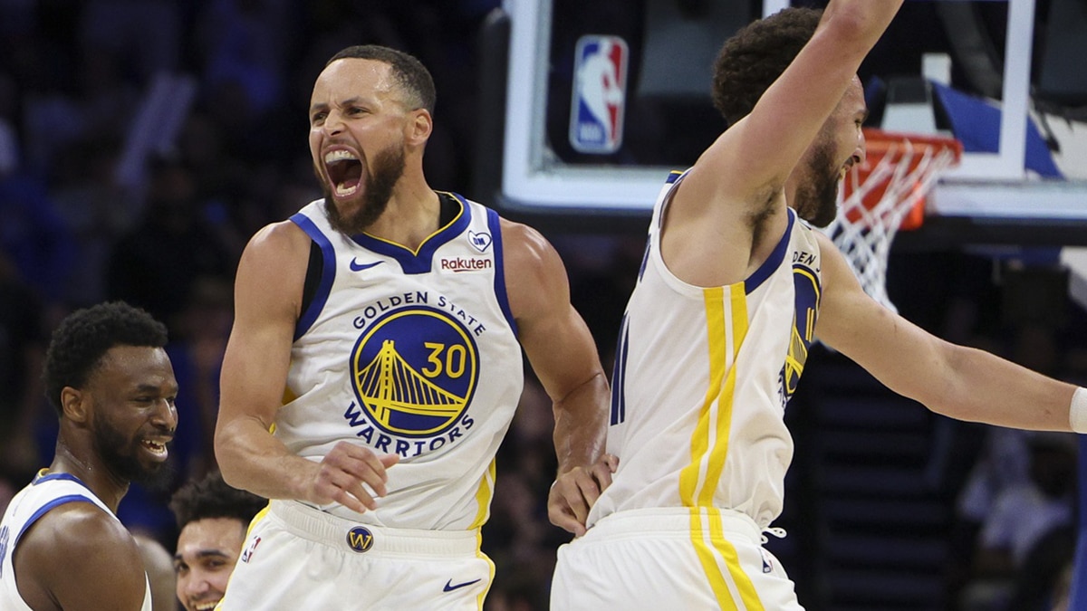 Mar 27, 2024; Orlando, Florida, USA; Golden State Warriors guard Stephen Curry (30) celebrates with guard Klay Thompson (11) after beating the Orlando Magic at the Kia Center. Mandatory Credit: Nathan Ray Seebeck-USA TODAY Sports
