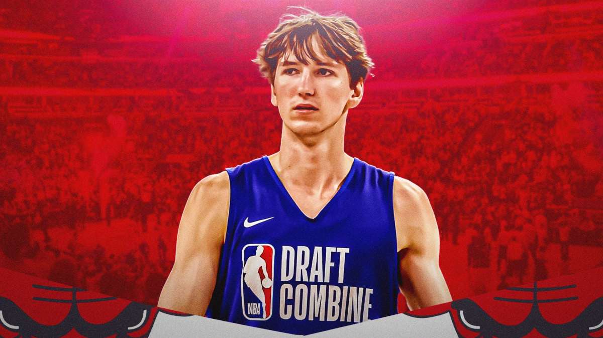 Bulls, Matas Buzelis, Bulls NBA Draft, NBA Draft, Spurs, Matas Buzelis with Bulls arena in the background