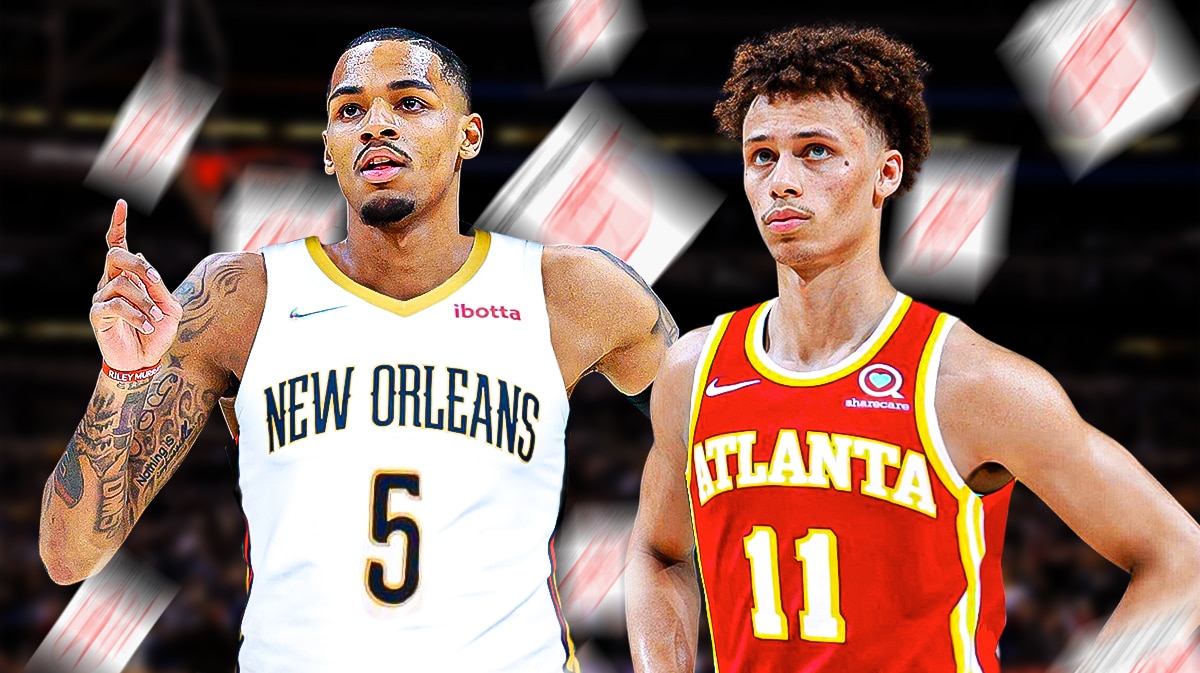 Dejounte Murray in Pelicans uniform, Dyson Daniels in Hawks uniform, report cards falling from the sky