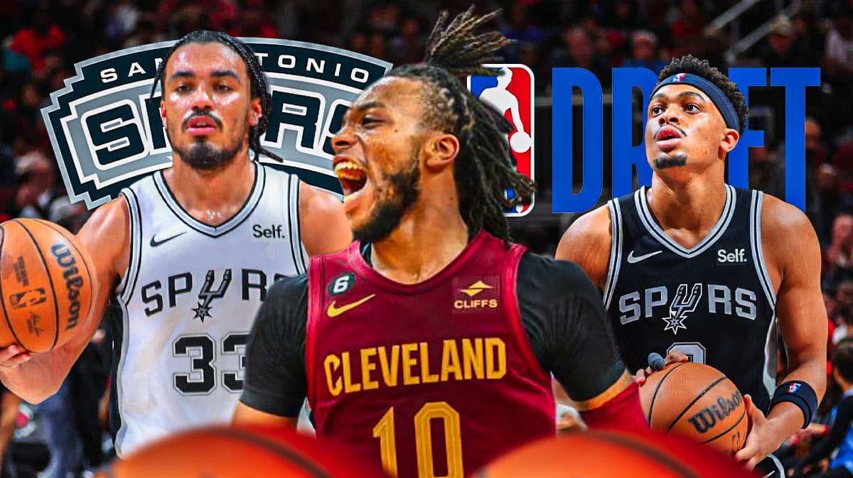 Spurs logo, Cavaliers' Darius Garland image, NBA Draft logo, Keldon Johnson and Tre Jones images
