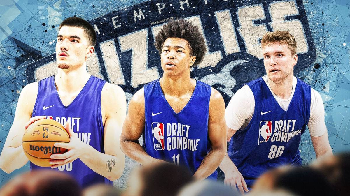 Zach Edey, Jaylen Wells, and Cam Spencer all beside each other, Memphis Grizzlies wallpaper in the background