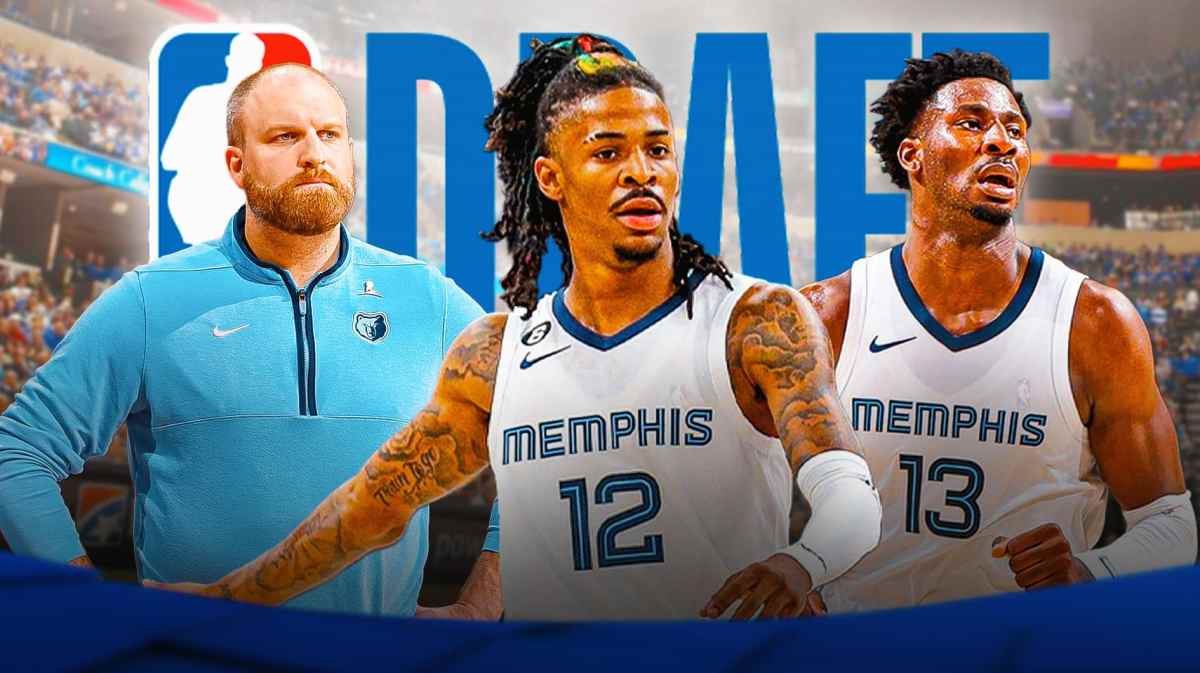 Ja Morant, Jaren Jackson Jr. and Taylor Jenkins with the NBA Draft logo and the Memphis Grizzlies arena in the background, pick