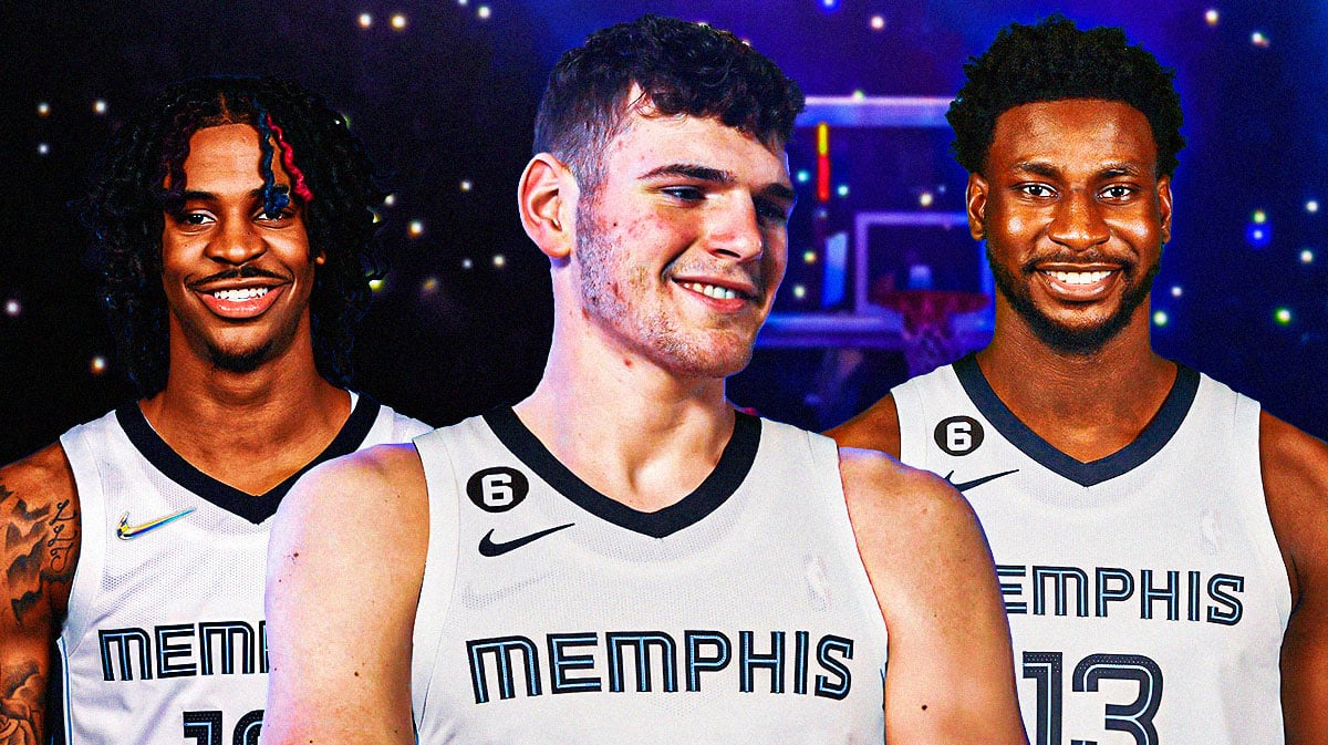 Donovan Clingan in Grizzlies uniform, with Jaren Jackson Jr. and Ja Morant smiling at Clingan
