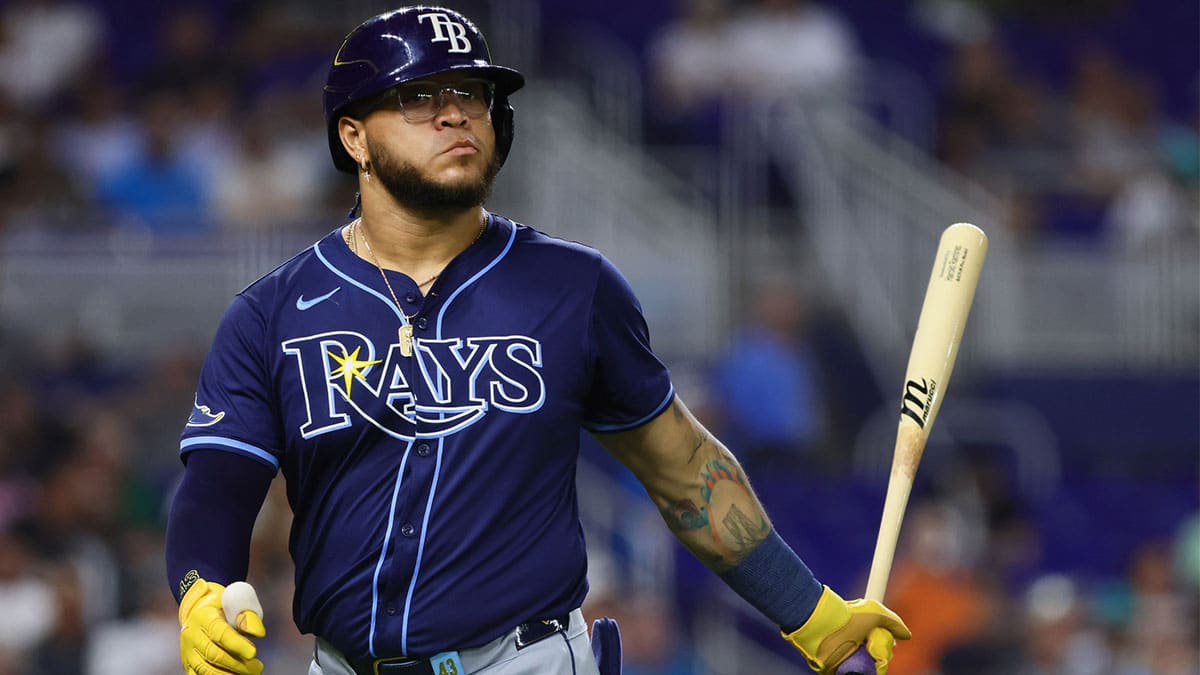 Tampa Bay Rays right fielder Harold Ramirez (43) reacts after his at-bat against the Miami Marlins during the fifth inning at loanDepot Park.