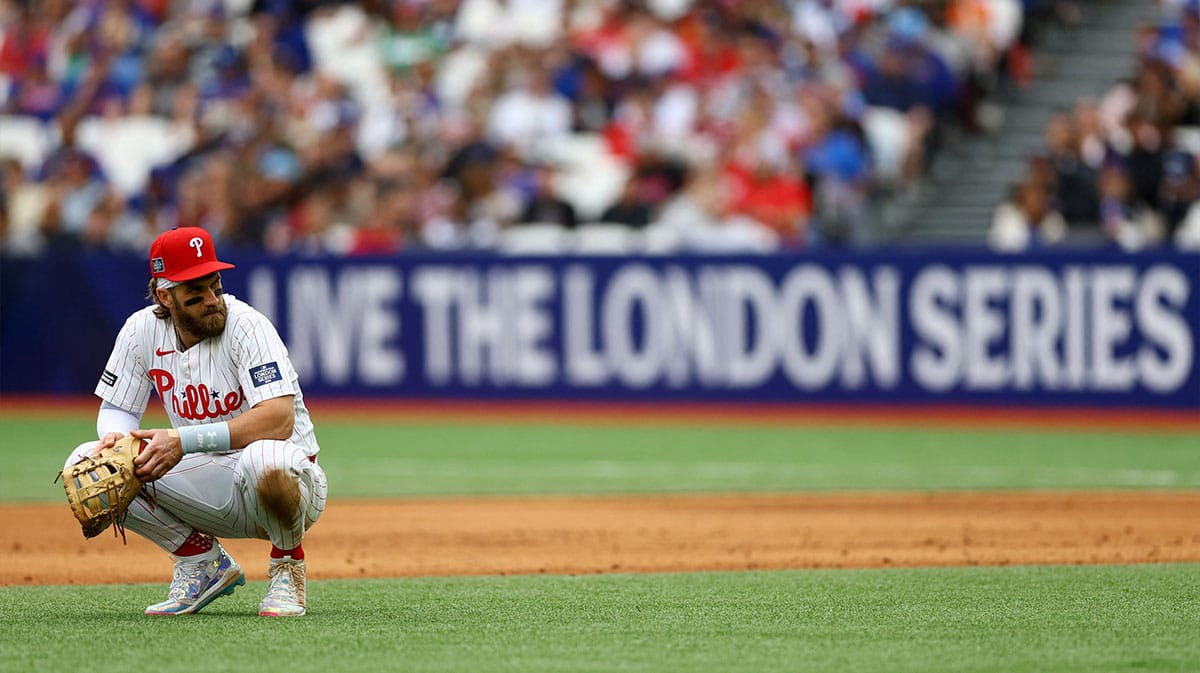 Philadelphia Phillies player Bryce Harper in action against the New York Mets during a London Series baseball game at Queen Elizabeth Olympic Park.