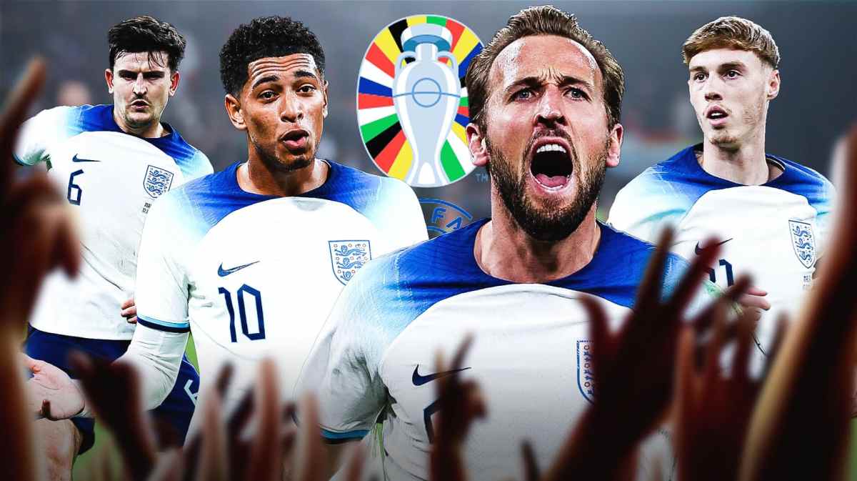 Harry Kane, Jude Bellingham, Cole Palmer, Harry Maguire in front of the Euro 2024 logo