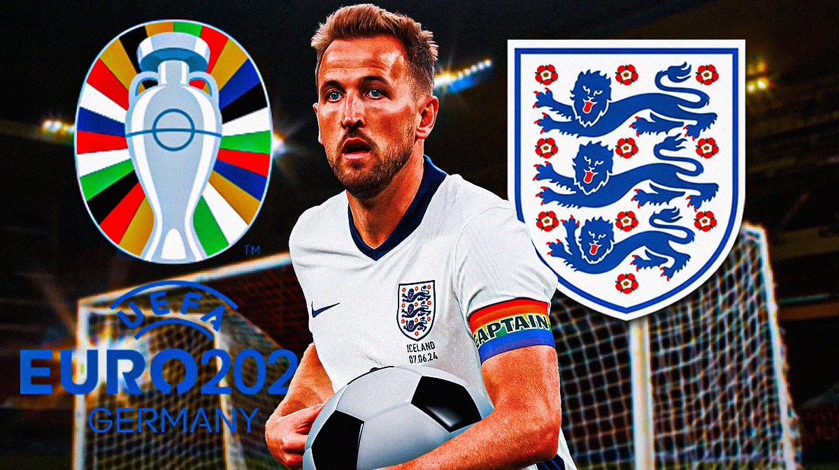 Harry Kane in front of the Euro 2024 and England's team Euro logos
