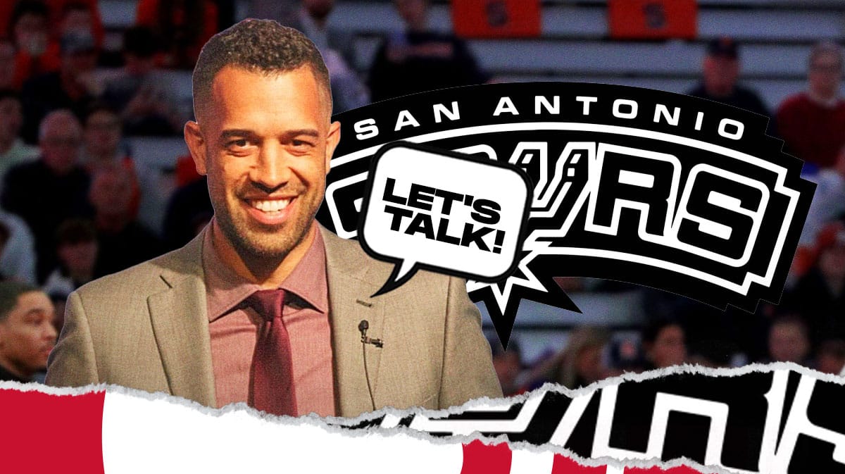 Landry Fields and Bryan Wright look at each other and say "let's talk!" with Hawks and Spurs logos next to them