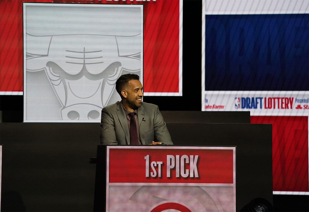 Atlanta Hawks general manager Landry Fields reacts after getting the number one pick in the 2024 NBA Draft Lottery at McCormick Place West.