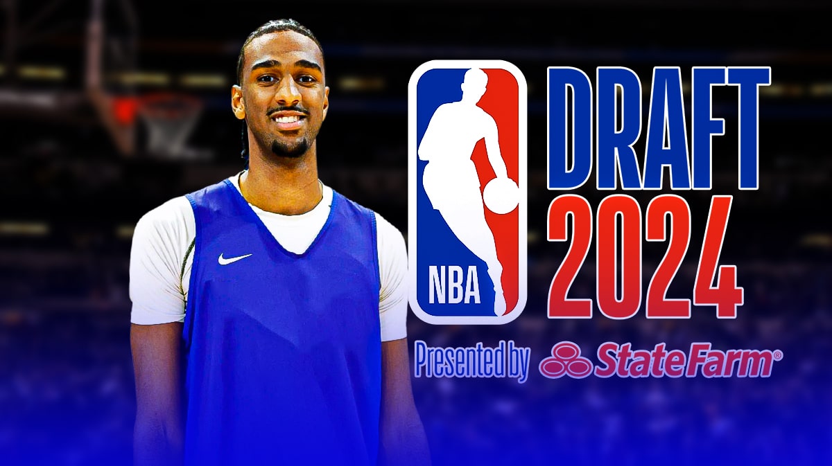 Alex Sarr in a blank jersey with the NBA Draft logo in the background, Hawks