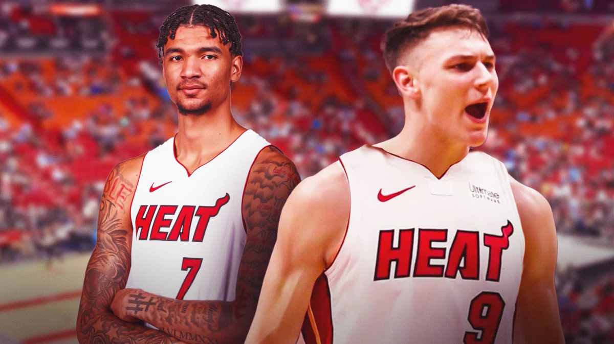 New Miami Heat players in Kel'el Ware and Pelle Larsson in front of Kaseya Center.