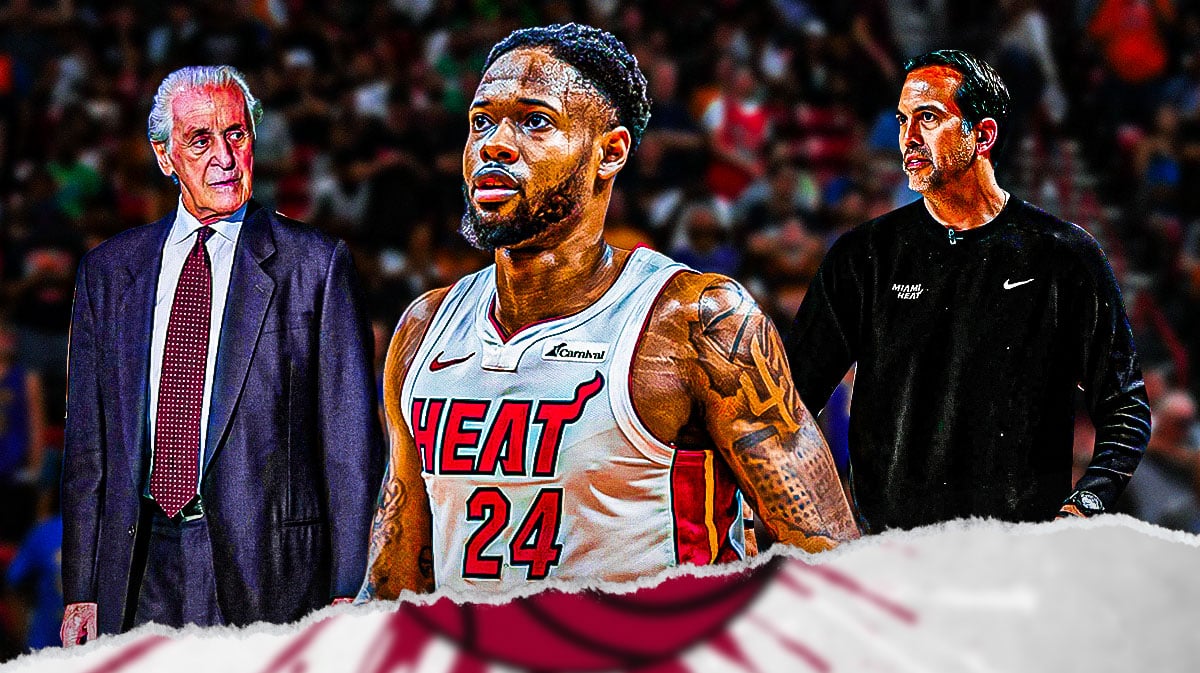 Miami Heat star Haywood Highsmith, head coach Erik Spoelstra, and Pat Riley in front of Kaseya Center.
