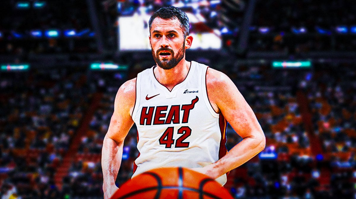 Miami Heat star Kevin Love in front of Kaseya Center.