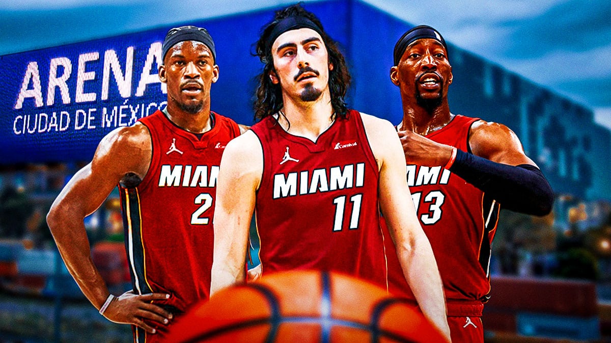 Miami Heat stars Jaime Jaquez Jr., Jimmy Butler, and Bam Adebayo in front of Mexico City.